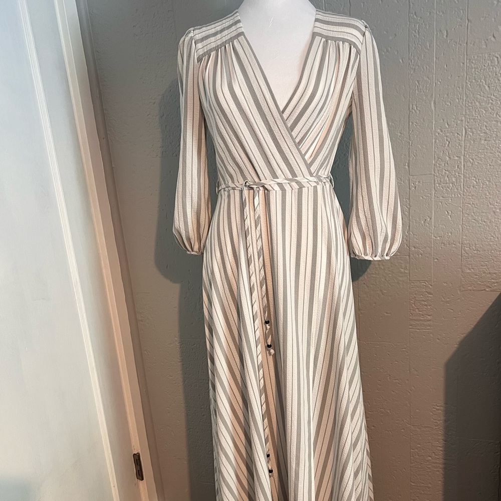Calvin Klein White and Gray Striped Long Sleeve Dress